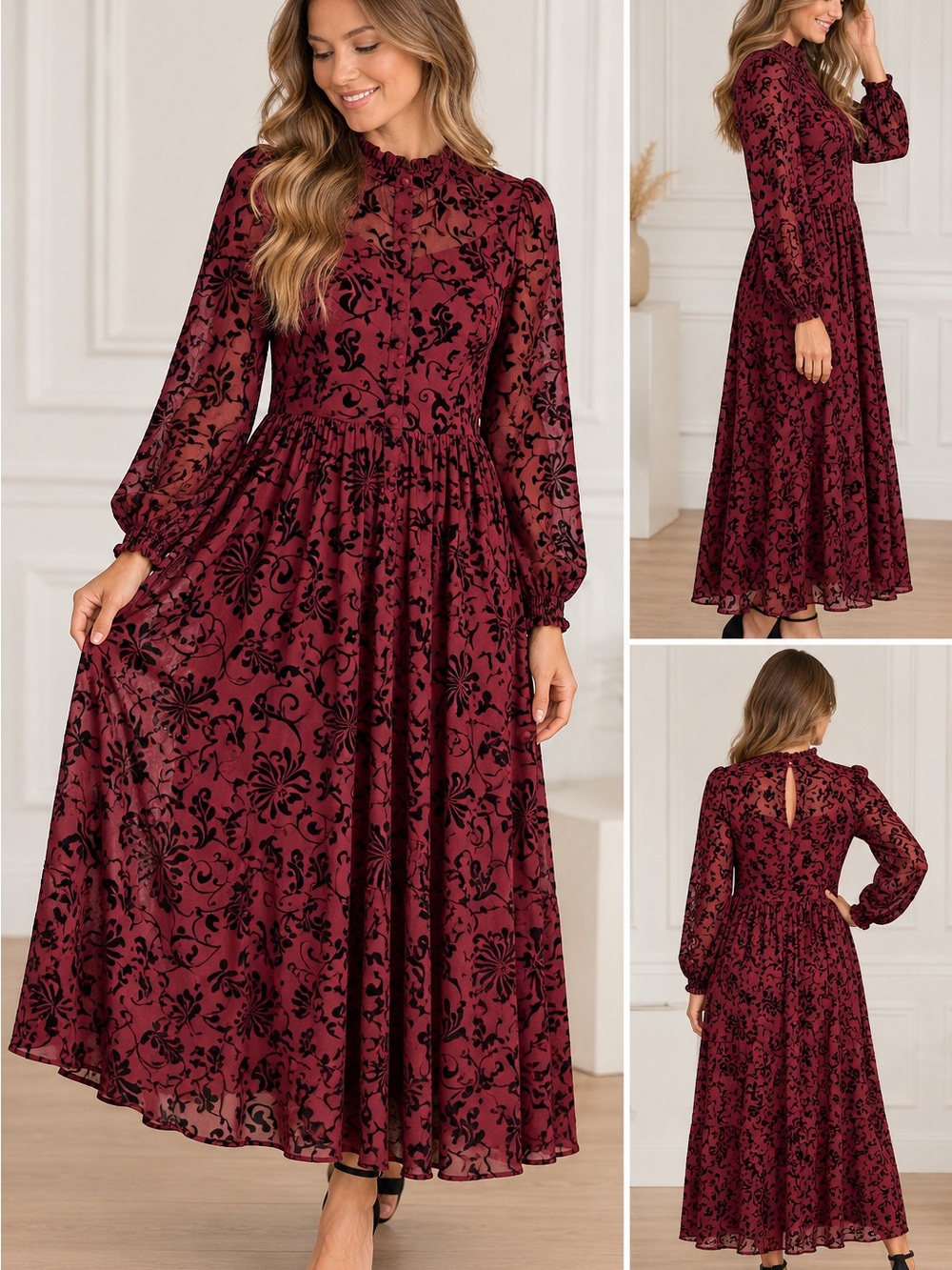 Unique Vintage Burgundy Black Flocked Floral Maxi Dress 1X/16 Long Sleeve